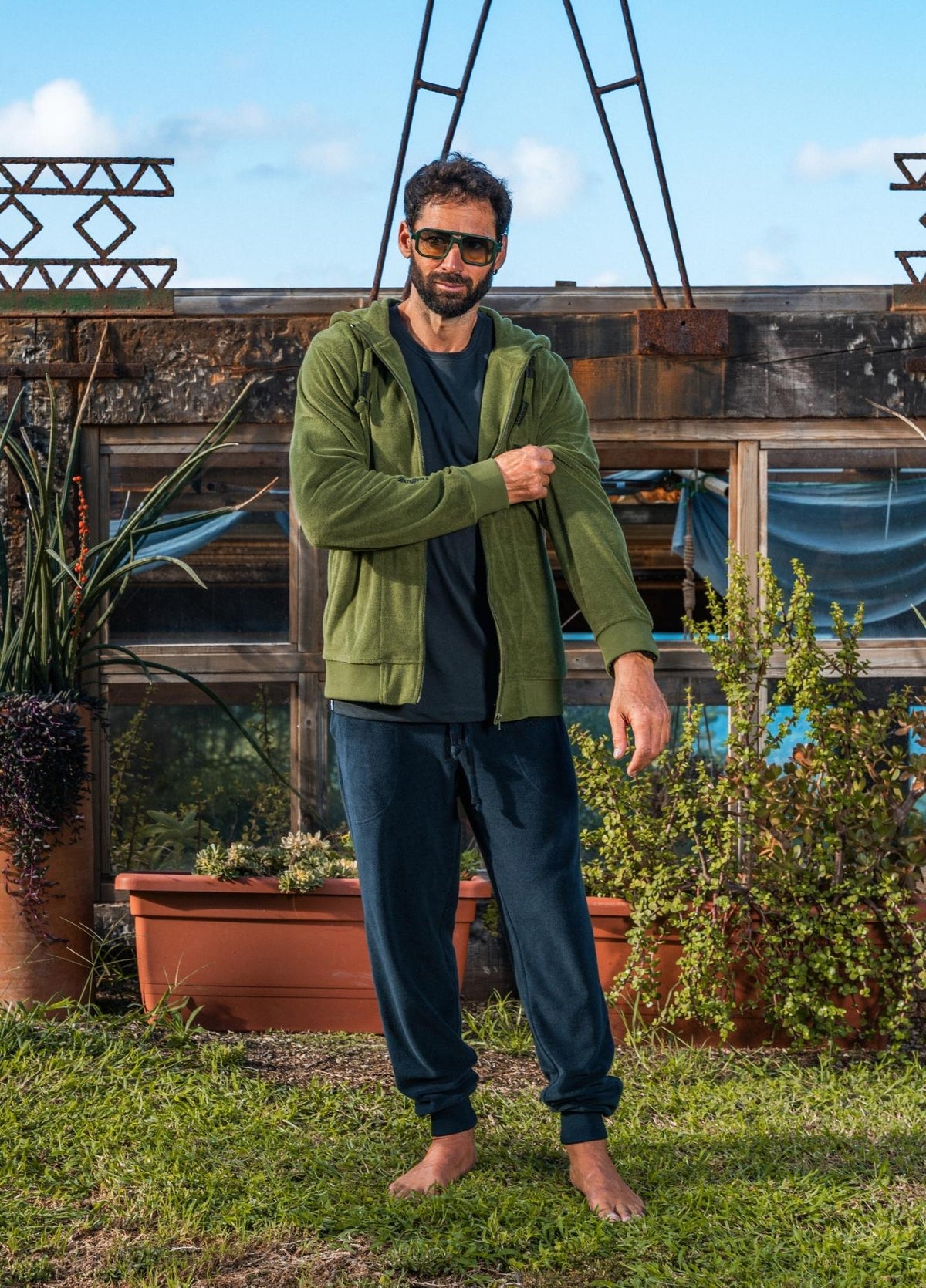 RIFFLE GREEN TOWEL ZIP HOODIE